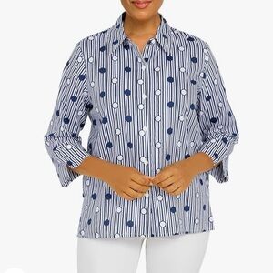 Alfred Dunner Navy & White Dot Stripes Button Down Blouse